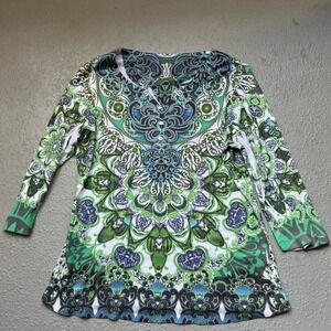Y2K Fairy Paisley Print‎ Top Embellished Long Sleeve Blouse Green Blue Size M